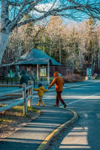 A child and parent holding hands walking by a visitor center.