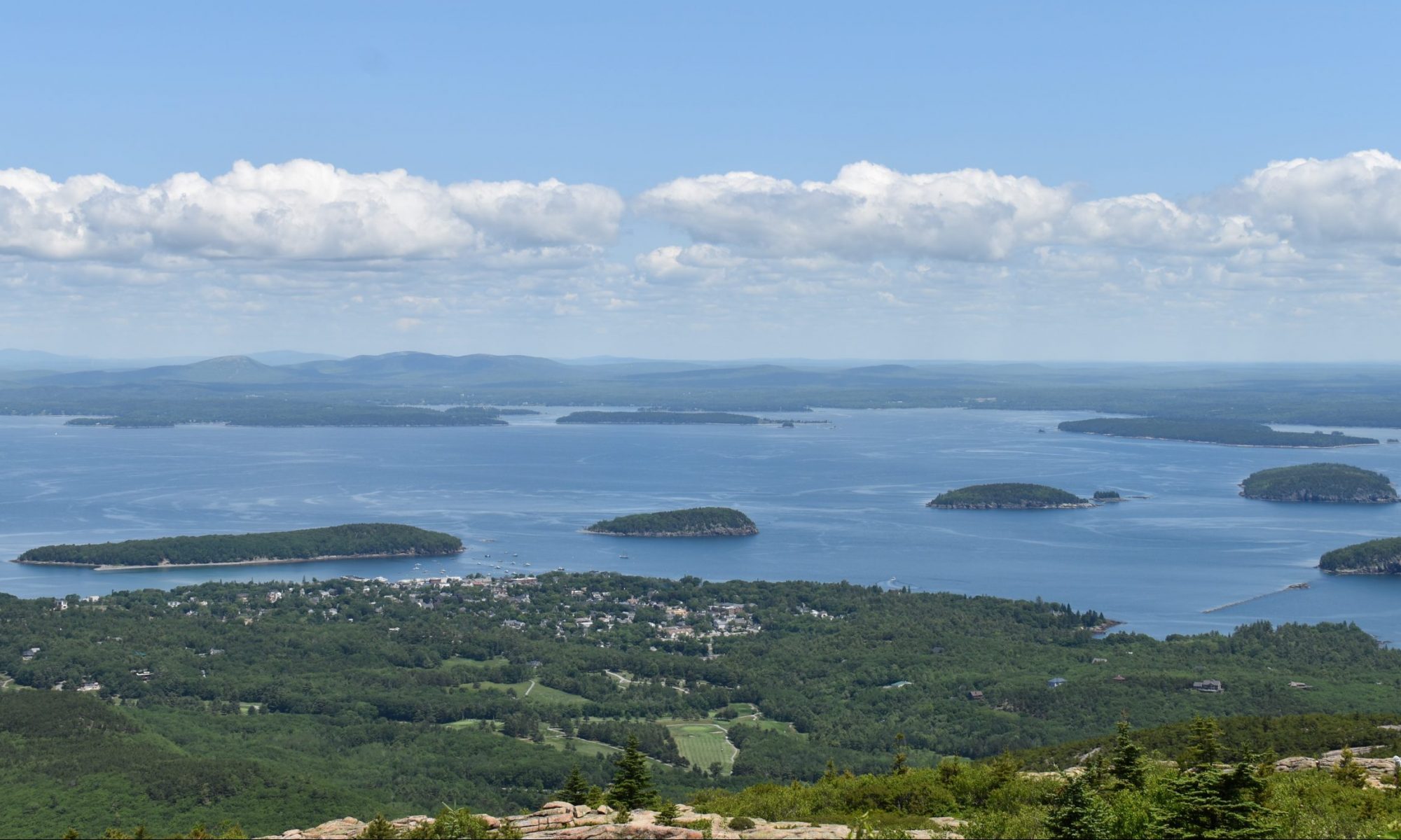 View of the Porcupine Islands from the top of Cadillac Mountain in Acadia.